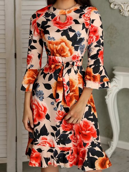 

Elegant Floral Crew Neck Regular fit Dress, Multicolor, Midi Dresses