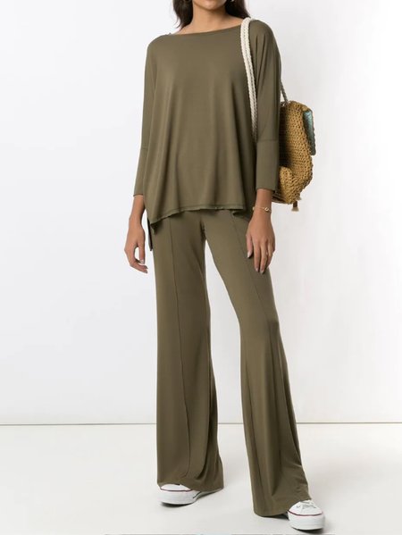 

Solid Off Shoulder Home Style Two Piece Sets, Green, Pants Set