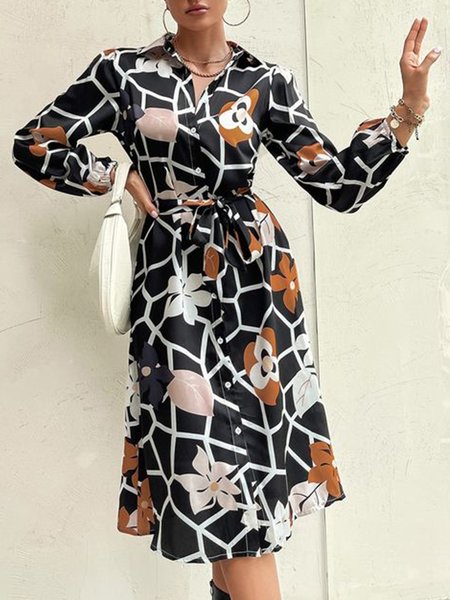 

Shirt Collar Vacation Regular Fit Daily Dress, Black, Midi Dresses