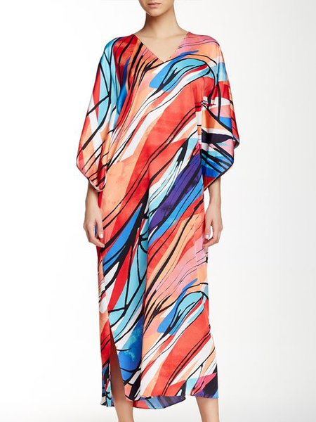 

V Neck Regular Fit Abstract Daily Dress, Orange, Maxi Dresses