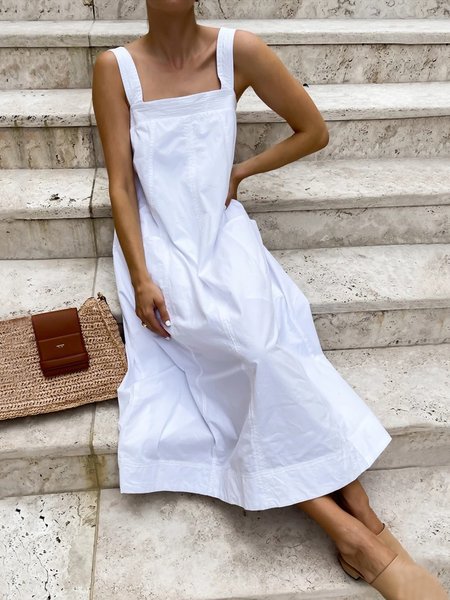

Plus Size Casual Solid Square neck Sleeveless Dresses, White, Midi Dresses