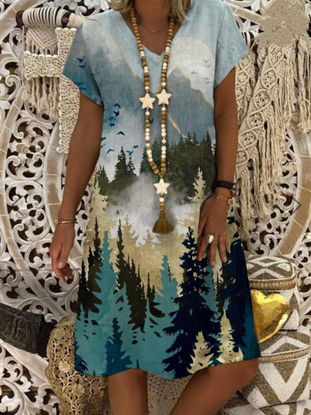 

Regular Fit Landscape Painting Cotton Blends Dresses, Multicolor, Casual Dresses