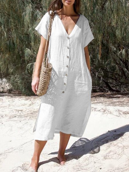 V Neck Plain Cotton Blends Holiday Casual Midi Dresses, White, Midi Dresses