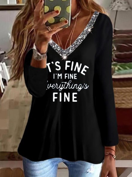 

Loosen Casual Letter Printed Shirts & Tops, Black, Long sleeve tops