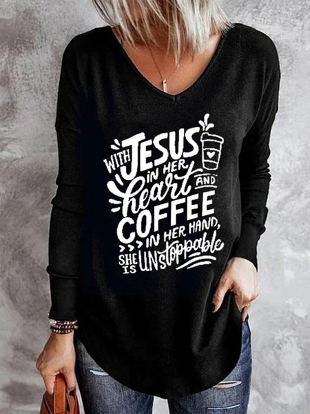 

Loosen Casual Letter Shirts & Tops, Black, Long sleeve tops