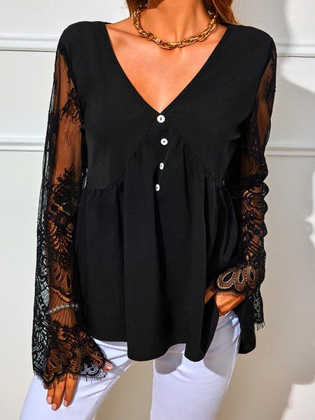

V Neck Loosen Casual Shirts & Tops, Black, Tops