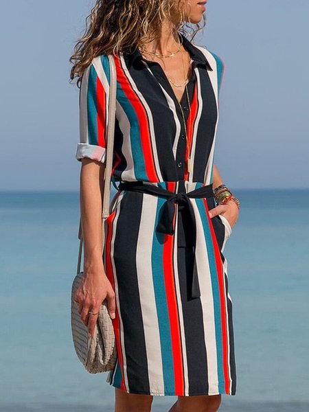 

Casual Striped Loosen Shirt Collar Dresses, Multicolor, Mini Dresses
