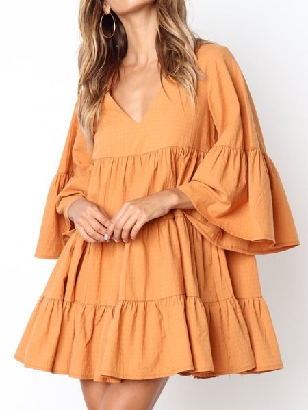 

Flare Sleeve Casual Regular Fit Dress, Yellow, Mini Dresses