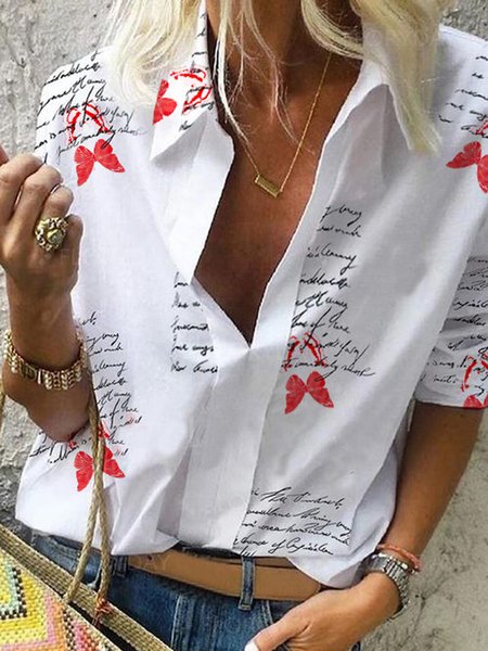 

Butterfly Letter Shirt Collar Casual Loosen Shirts & Tops, White, Tops