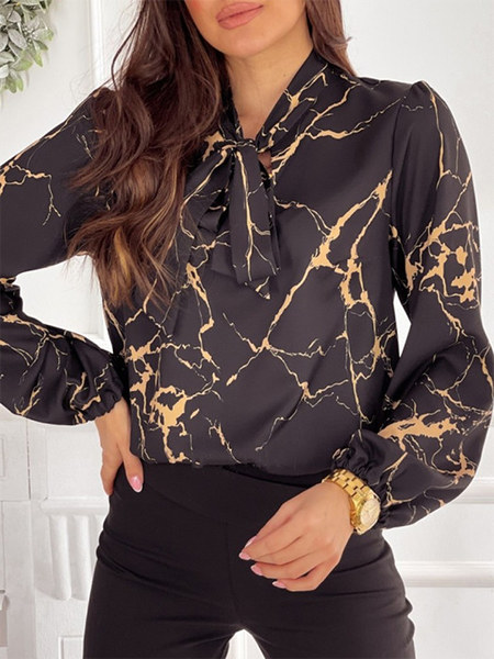 

Abstract Casual Tie Neck Shirts & Tops, Black, Tops