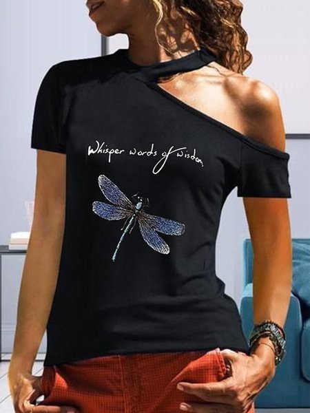

Casual Dragonfly Off the shoulder Short Sleeve Shirts & Tops, Black, T-Shirts