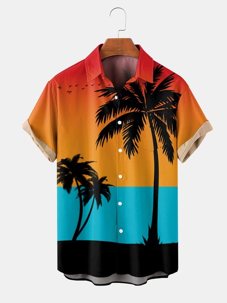 

Coconut Tree Graphic Short Sleeve Casual Men's Shirt, As picture, Men's Floral shirt
