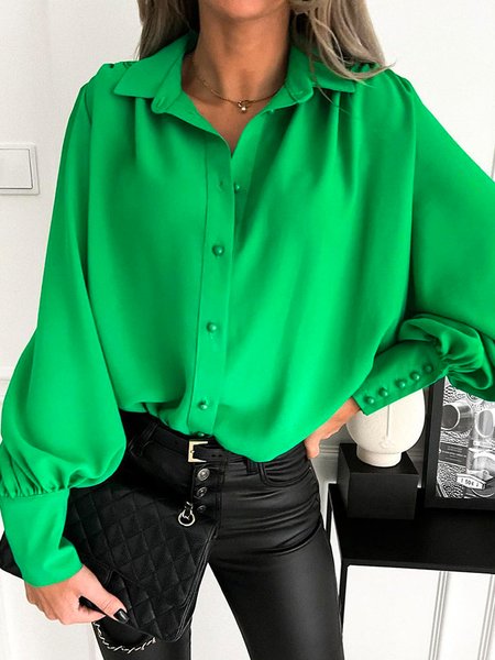

Solid Casual Shirt Collar Shirts & Tops, Green, Blouses & Shirts