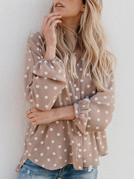 

Polka Dots Casual Loosen Shirts & Tops, Apricot, Long sleeve tops