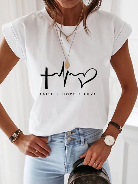 

Round Neck Casual Cotton Blends Shirts & Tops, White, T-Shirts
