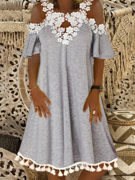 

Plain Lace Tassel Short Sleeve Off Shoulder Plus Size Casual Dresses, Gray, Mini Dresses