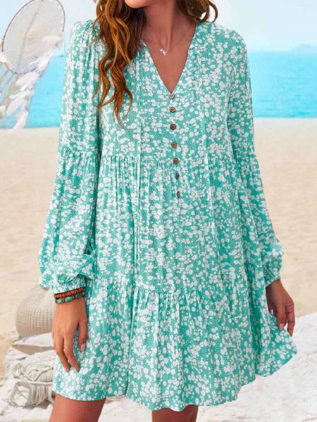 

Floral Boho V Neck Dresses, Blue, Mini Dresses