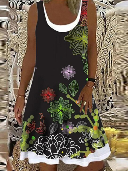

Vacation Cotton Blends Loosen Dresses, Black, Floral Dresses