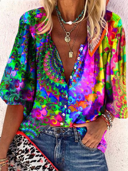 

Boho V Neck Loosen Shirts & Tops, Multicolor, Tops