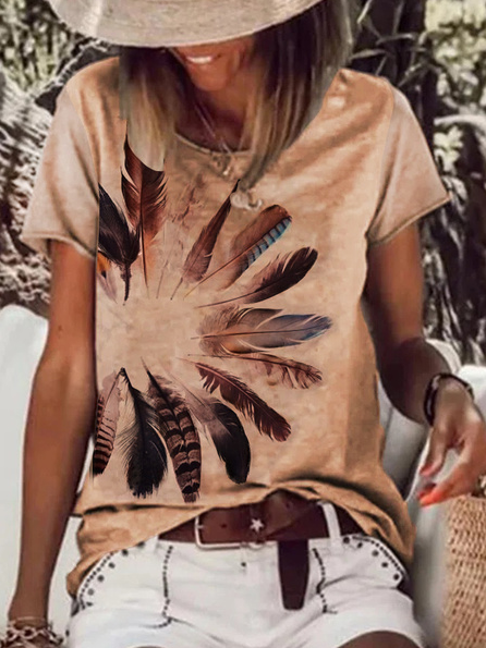

Crew Neck Feather Regular Fit Shirts & Tops, Brown, T-Shirts