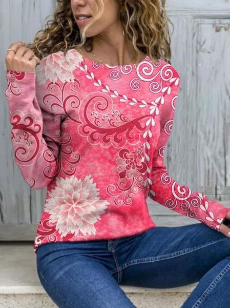 

Floral Crew Neck Vacation Loosen Shirts & Tops, Red, Long sleeve tops