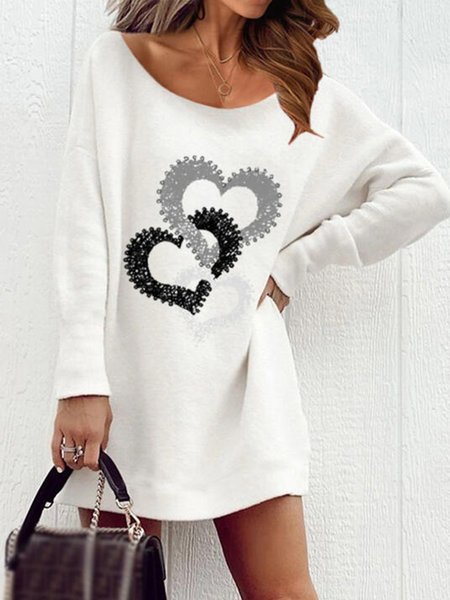 

Hearts Printed Casual Round Neck Long Sleeve Dresses, White, Mini Dresses