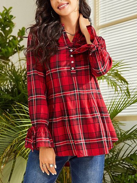 

V Neck Loosen Casual Grid Shirts & Tops, Red, Long sleeve tops