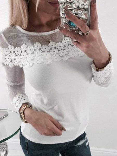 

Casual Solid Lace Crew Neck Long Sleeve Shirts & Tops, White, T-Shirts