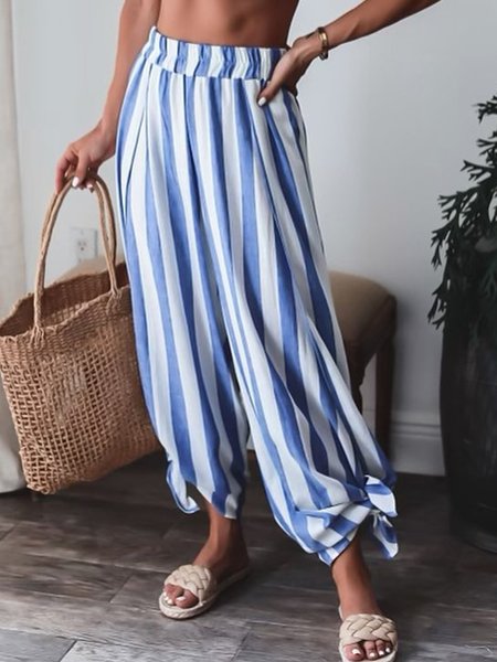 

Plus Size Casual Pocket Loosen Striped Pants, Blue, Pants