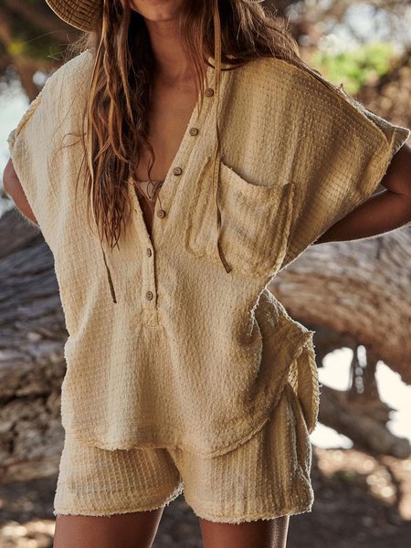 

V Neck Batwing Solid Casual Suits, Khaki, Two-piece Outfits