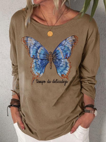 

Off Shoulder Cotton Blends Butterfly Letter Loosen Casual Shirts & Tops, Brown, T-Shirts