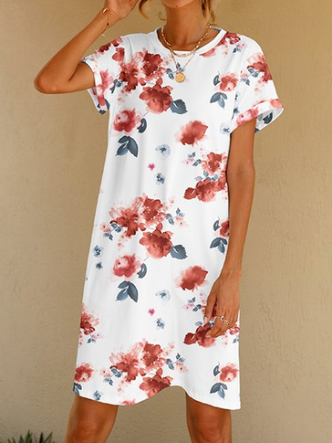 

Cotton Blends Floral Casual Crew Neck Knee Dresses, White, Mini Dresses