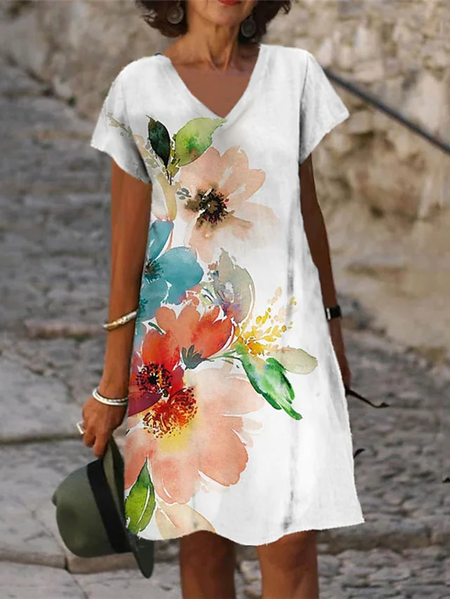 

Vacation Cotton Blends Floral Dresses, White, Floral Dresses