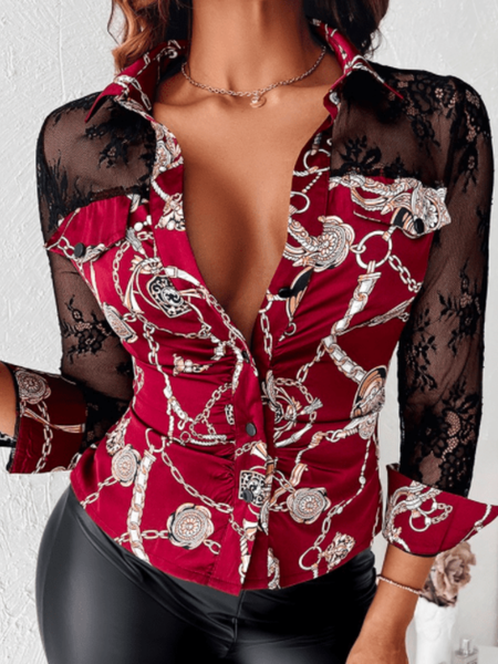 

Spring Long sleeve Elegant Daily Lightweight Tops, Red-black, Blouses and Shirts