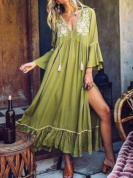 

Flare Sleeve Tribal Loosen V Neck Dresses, Green, Maxi Dresses