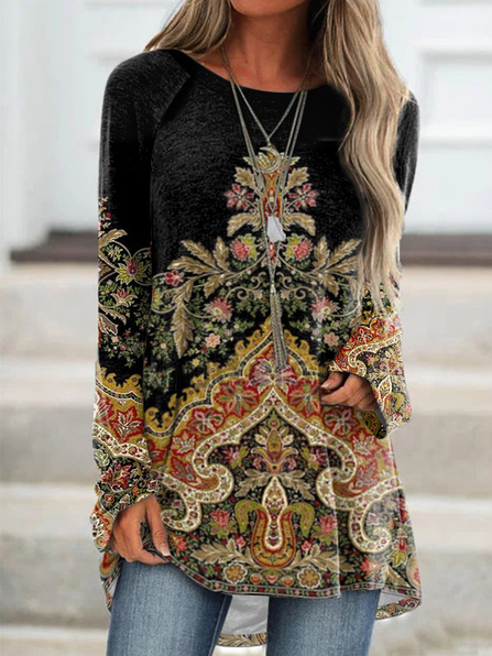 

Round Neck Regular Fit Floral Shirts & Tops, Black, Long sleeve tops