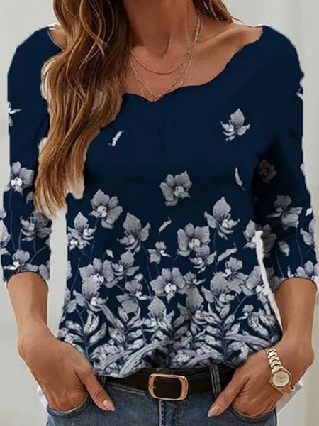 

V Neck Cotton Blends Floral Shirts & Tops, Blue, Long sleeve tops
