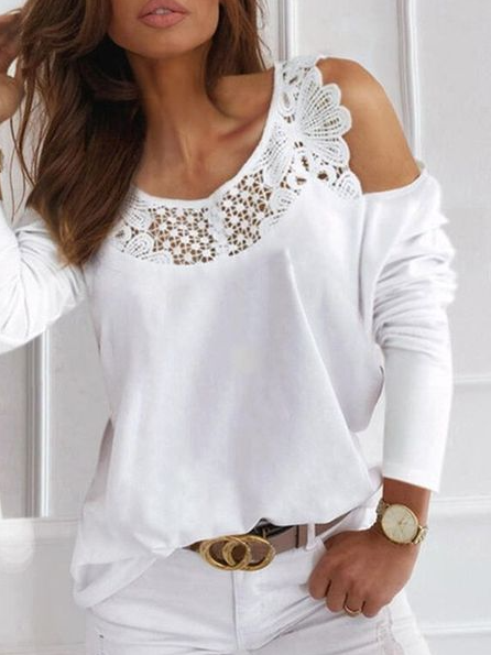 

Casual Crew Neck Plain lace stitching Shirts & Tops, White, Long sleeve tops