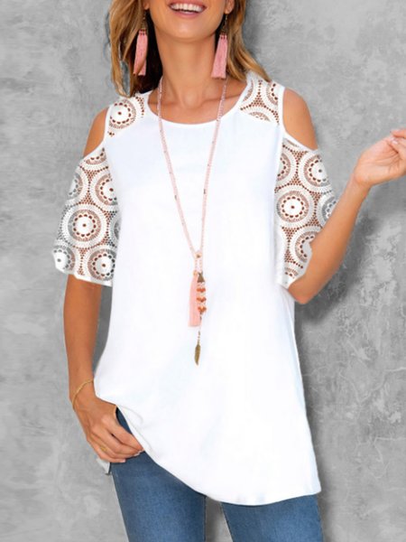 

Lace Patchwork Cold Shoulder Round Neck T Shirt, White, T-Shirts