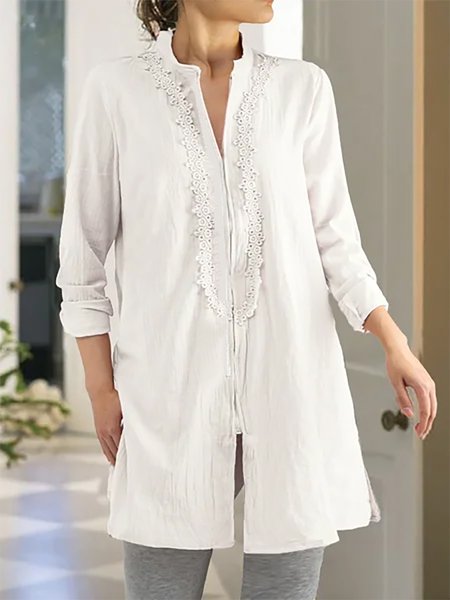 

Solid Long Sleeves Lace Loosen Mid-long Tunic White Shirts & Tops, Tops