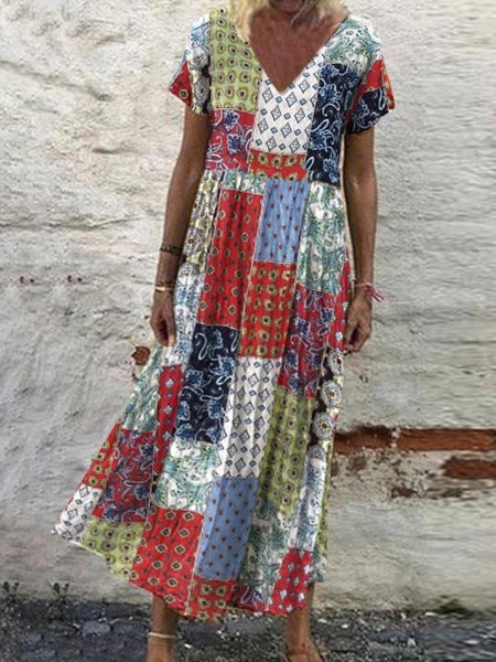 

Floral Cotton Blends Boho Dresses, Multicolor, Maxi Dresses