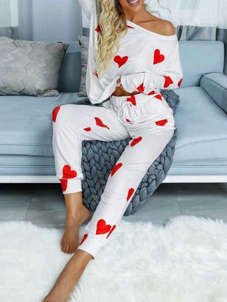 

Casual Heart Long Sleeve Round Neck T-shirts With Pants, White, Two-piece Outfits