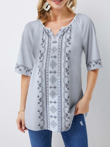 

Geometric Print Split Neck Half Sleeve Blouse, Gray, T-Shirts