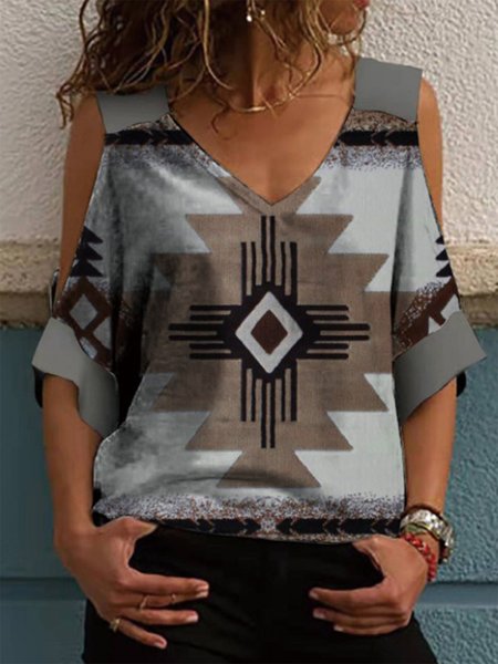

Casual Tribal Loosen Shirts & Tops, Gray, T-Shirts