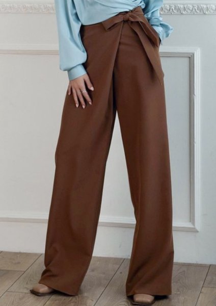 

Regular Fit Side Tie Solid Pants, Coffee, Wide Leg Pants