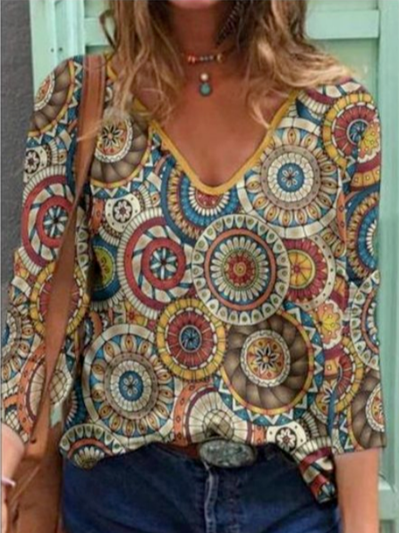 

Geometric V Neck Casual Shirts & Tops, Multicolor, Long sleeve tops