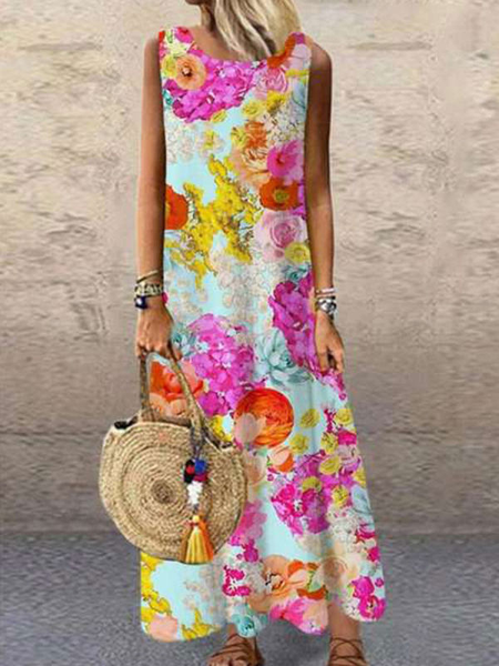 

Floral Crew Neck Regular Fit Casual Vacation Dresses, Multicolor, Floral Dresses