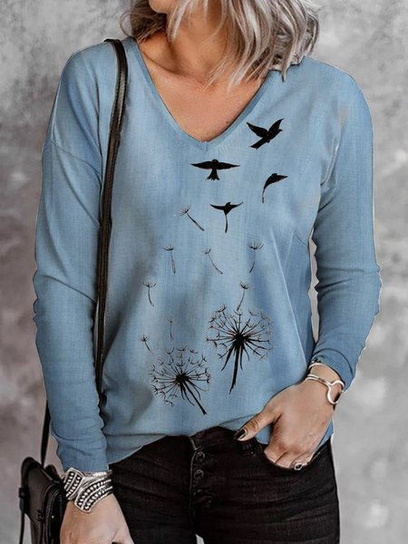 

Floral V Neck Cotton Blends Tiansi cowboy dandelion vacation Shirts & Tops Plus Size, Denim blue, Tops