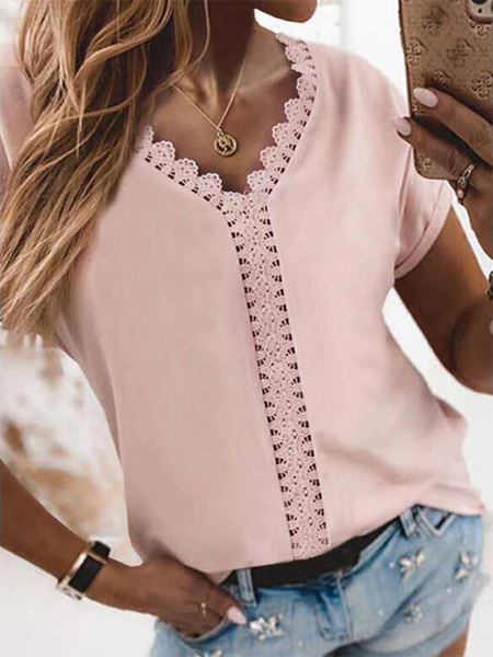

Short sleeve Lace V Neck Casual Shirts & Tops, Pink, T-Shirts
