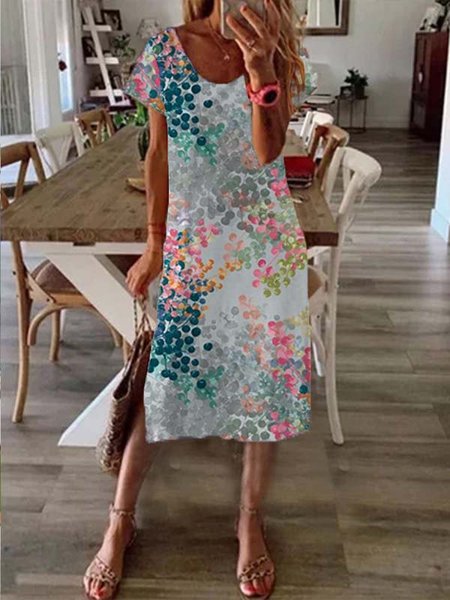 

Vacation Cotton Blends Scoop Neckline Short sleeve Dresses, Gray, Floral Dresses
